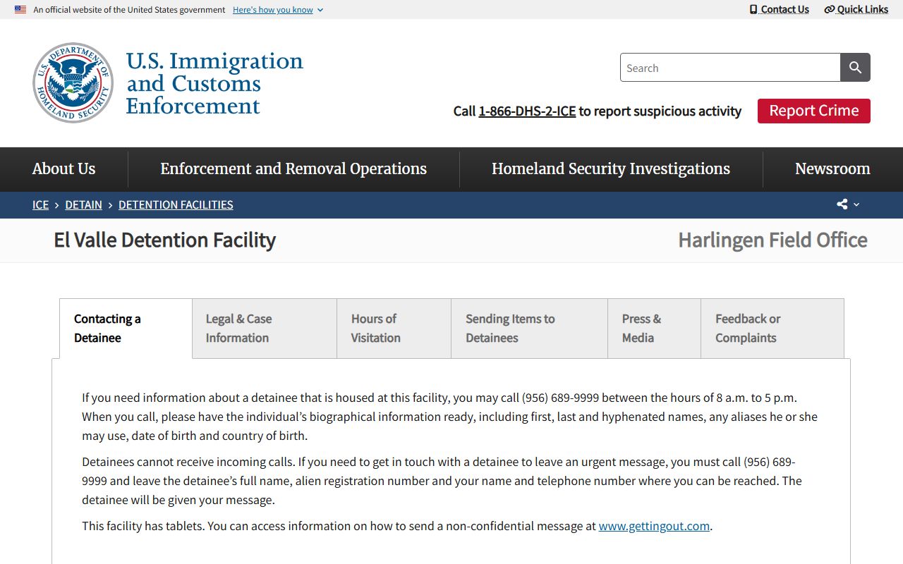 ICE El Valle Detention Facility page