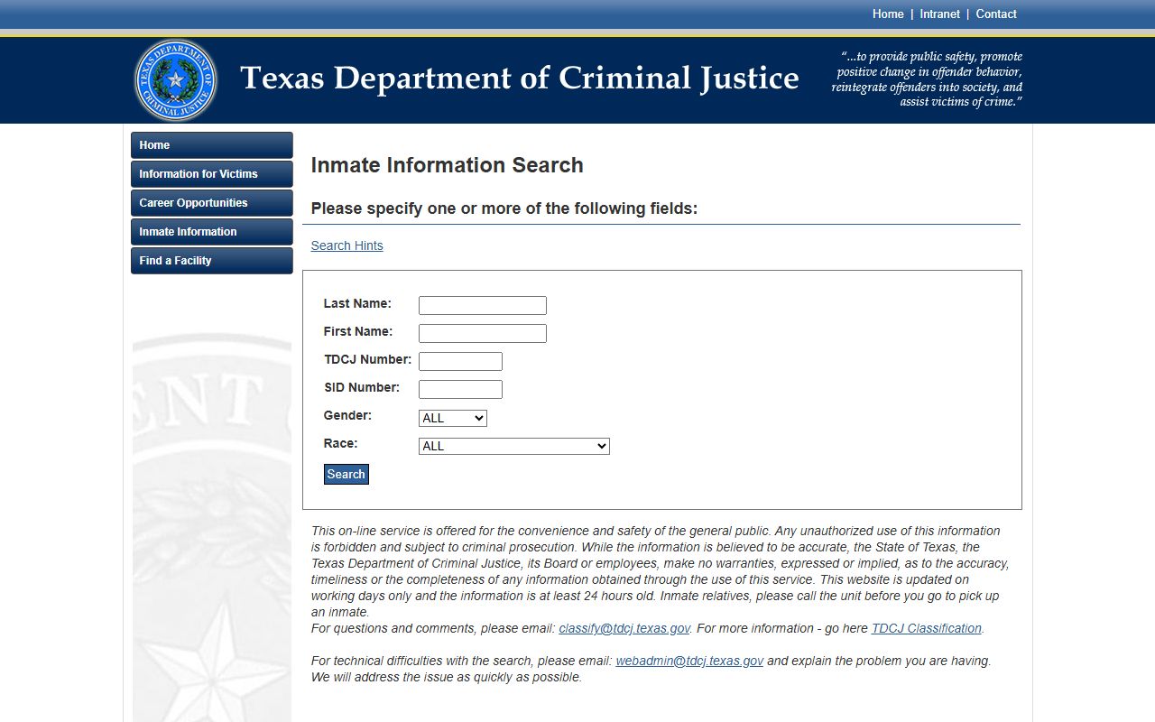 Texas TDCJ inmate search fields for Willacy County inmate records