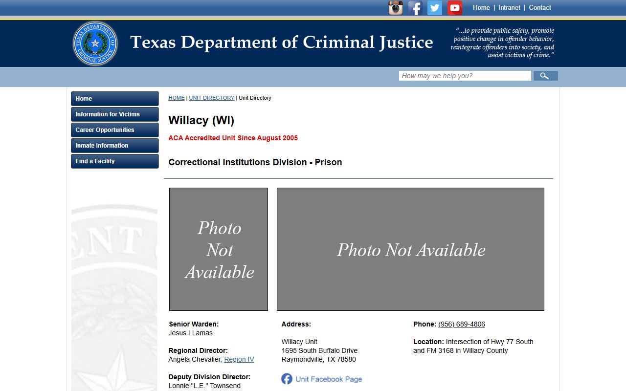TDCJ Willacy Unit official facility page